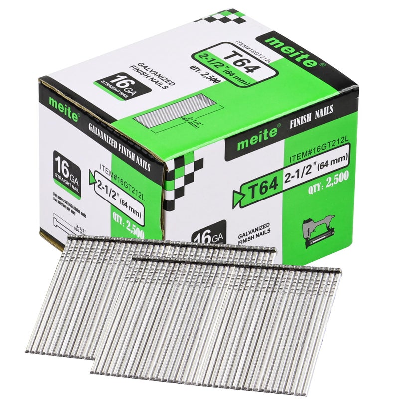 meite 16 Gauge Finish Nails 2-1/2 Inch Galvanized Straight Finishing Nails for Finish Nailer on Woodworking, Upholstery and Framing Projects, 1 Box/2,500PCS - Image 1